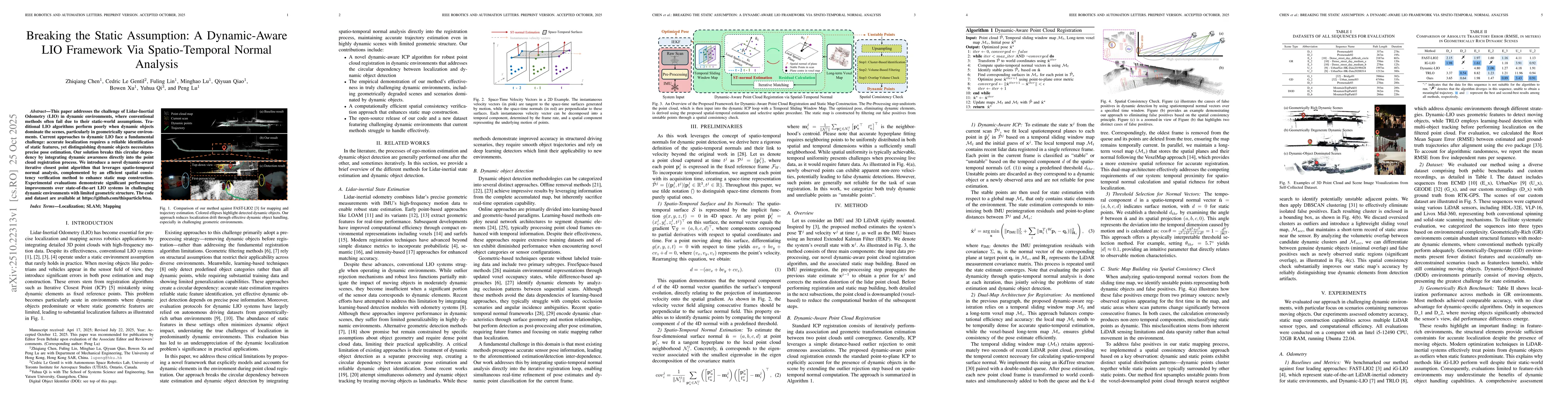 Thumbnail for Breaking the Static Assumption: A Dynamic-Aware LIO Framework Via
  Spatio-Temporal Normal Analysis