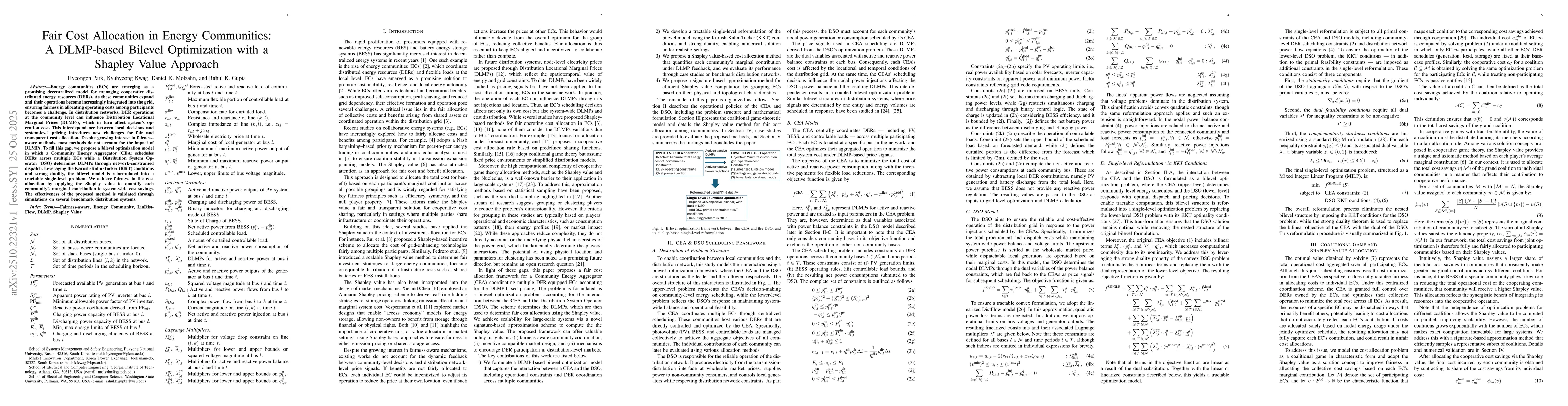 Thumbnail for Fair Cost Allocation in Energy Communities: A DLMP-based Bilevel
  Optimization with a Shapley Value Approach