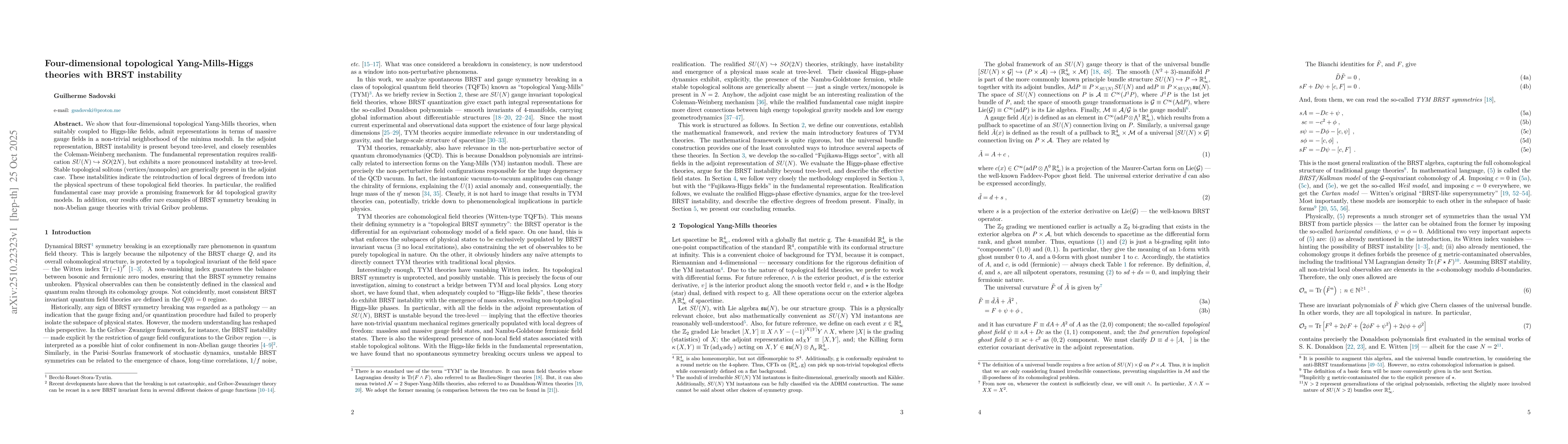 Thumbnail for Four-dimensional topological Yang-Mills-Higgs theories with BRST
  instability