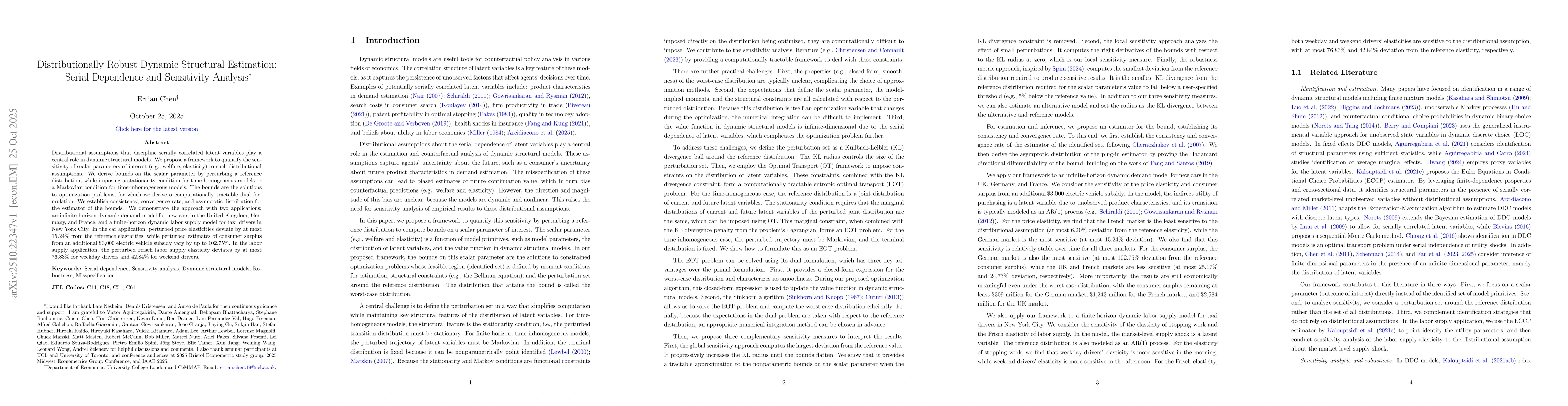 Thumbnail for Distributionally Robust Dynamic Structural Estimation: Serial Dependence
  and Sensitivity Analysis