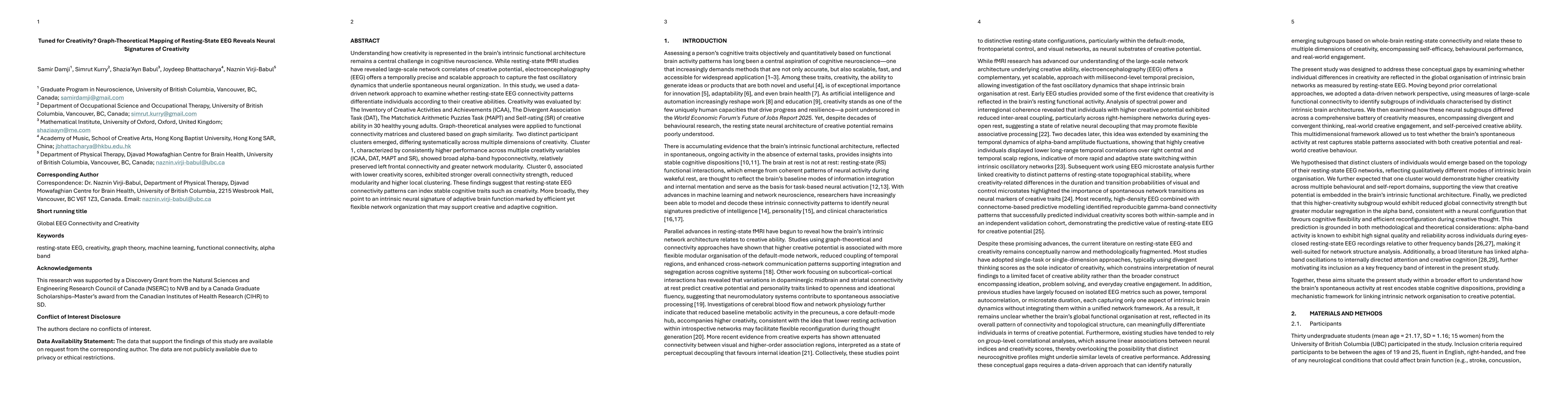 Thumbnail for Tuned for Creativity? Graph-Theoretical Mapping of Resting-State EEG
  Reveals Neural Signatures of Creativity