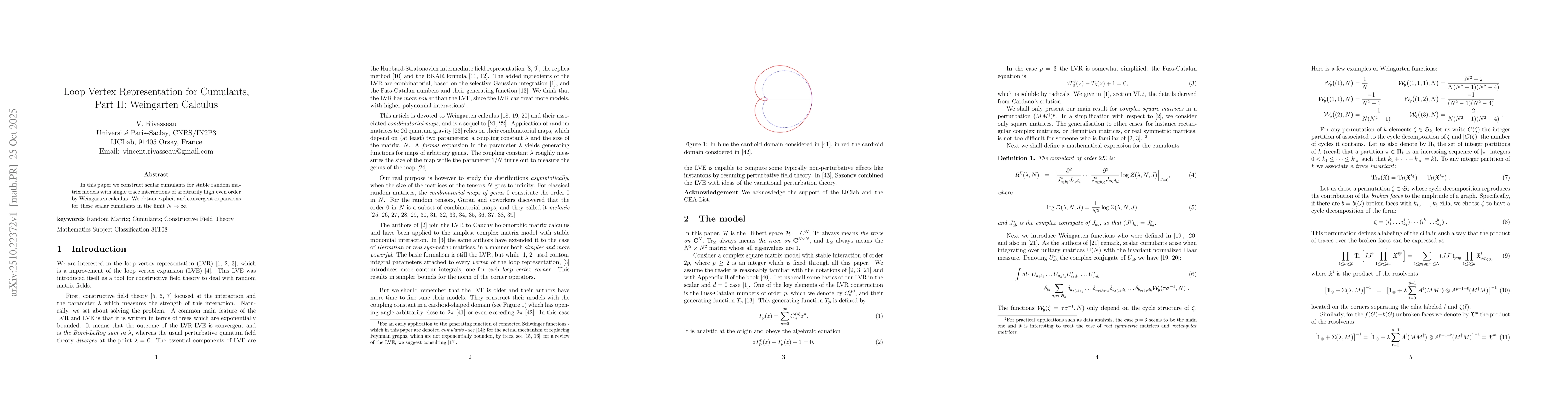 Thumbnail for Loop Vertex Representation for Cumulants, Part II: Weingarten Calculus