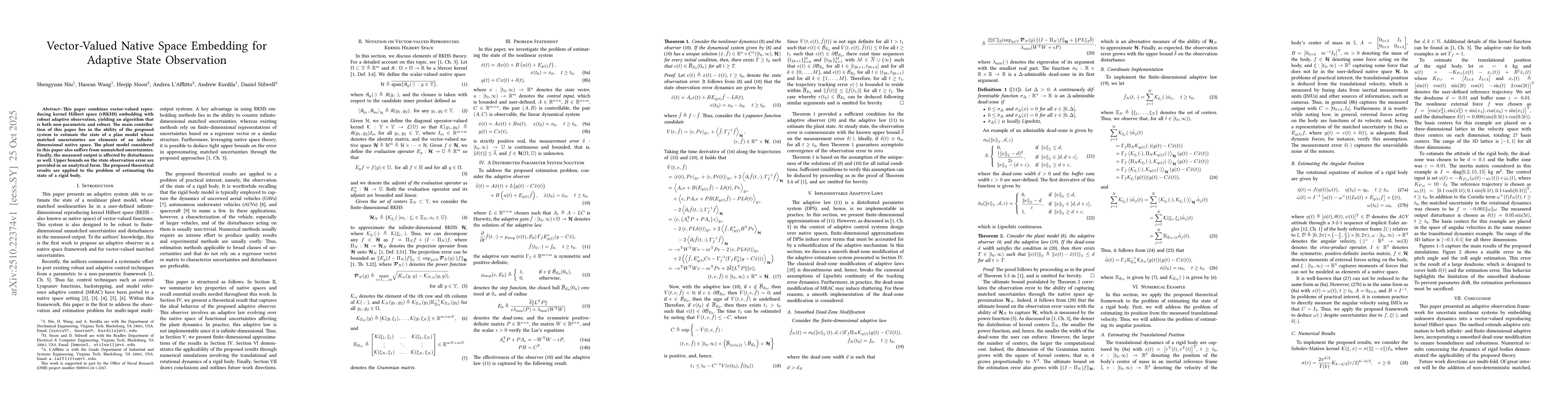 Thumbnail for Vector-Valued Native Space Embedding for Adaptive State Observation