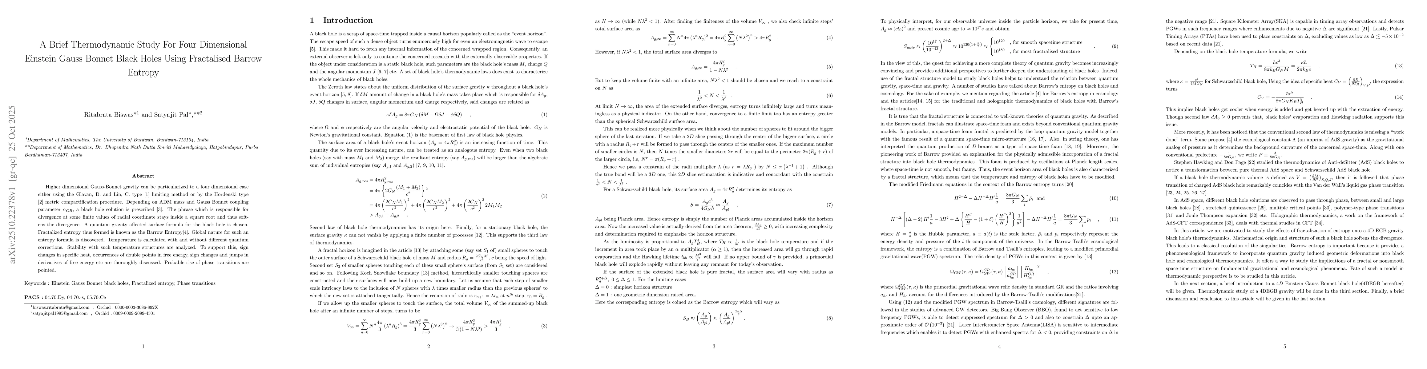 Thumbnail for A Brief Thermodynamic Study For Four Dimensional Einstein Gauss Bonnet
  Black Holes Using Fractalised Barrow Entropy