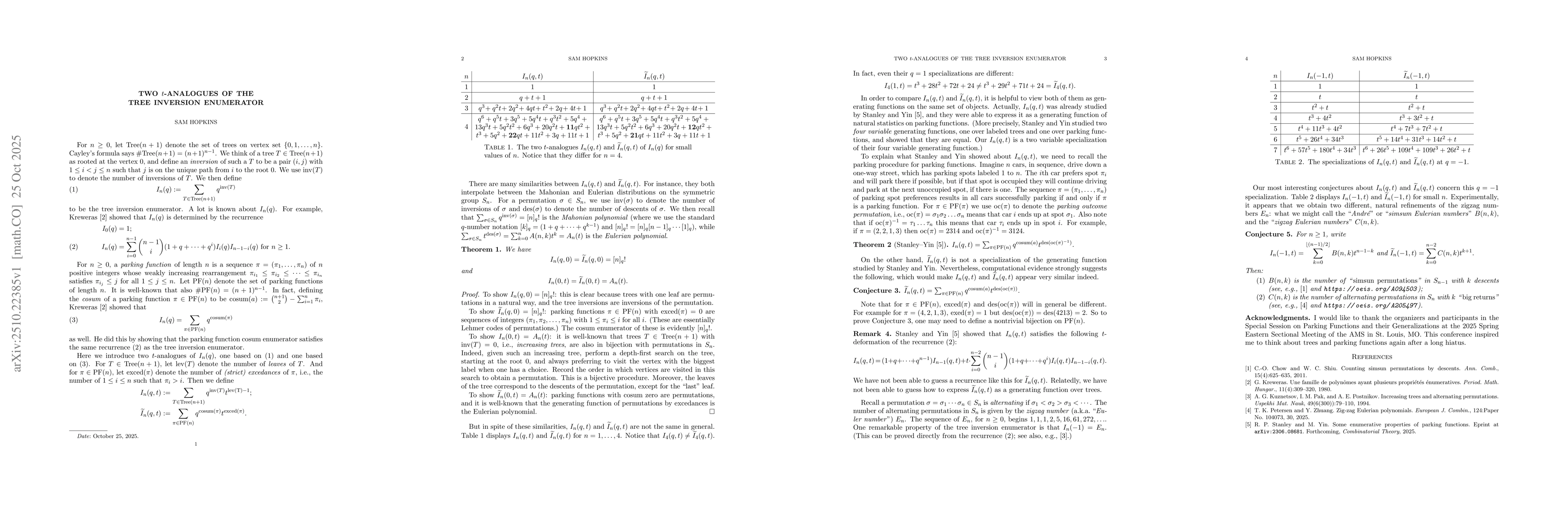 Thumbnail for Two $t$-analogues of the tree inversion enumerator
