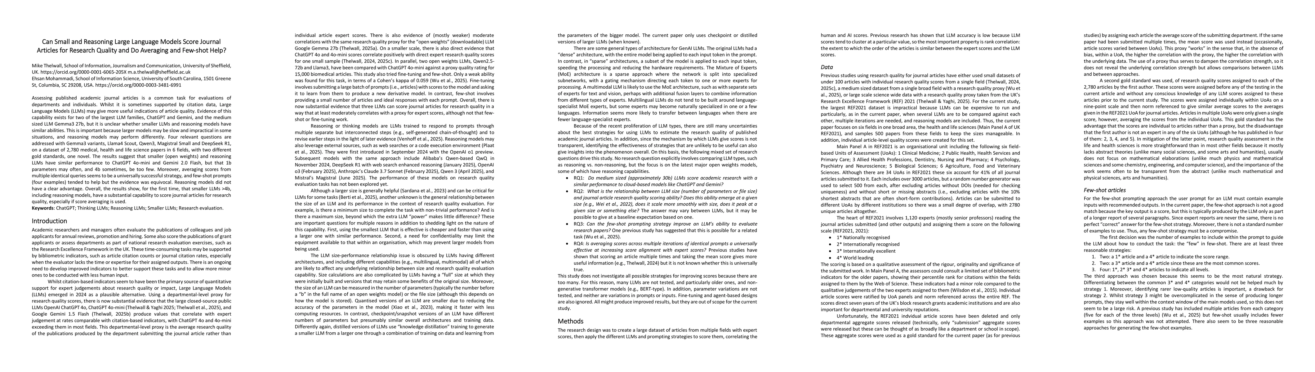 Thumbnail for Can Small and Reasoning Large Language Models Score Journal Articles for
  Research Quality and Do Averaging and Few-shot Help?
