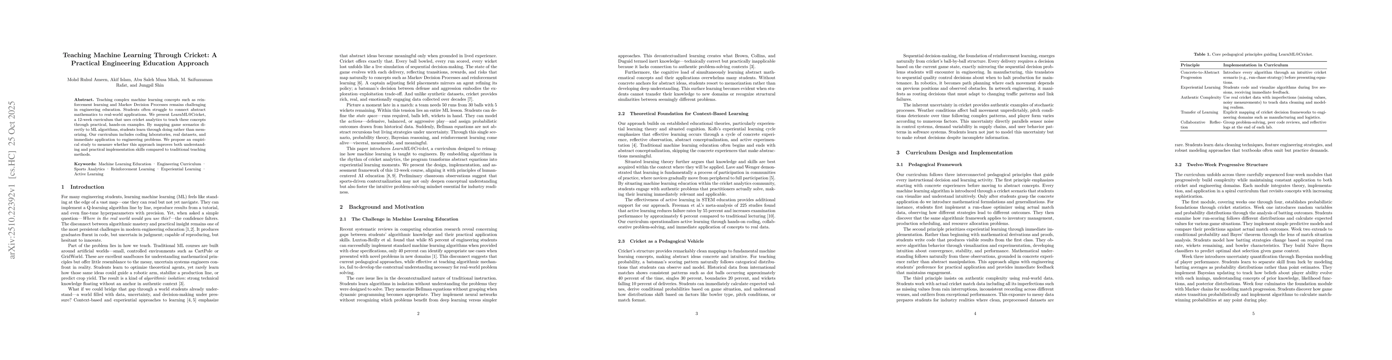 Thumbnail for Teaching Machine Learning Through Cricket: A Practical Engineering
  Education Approach