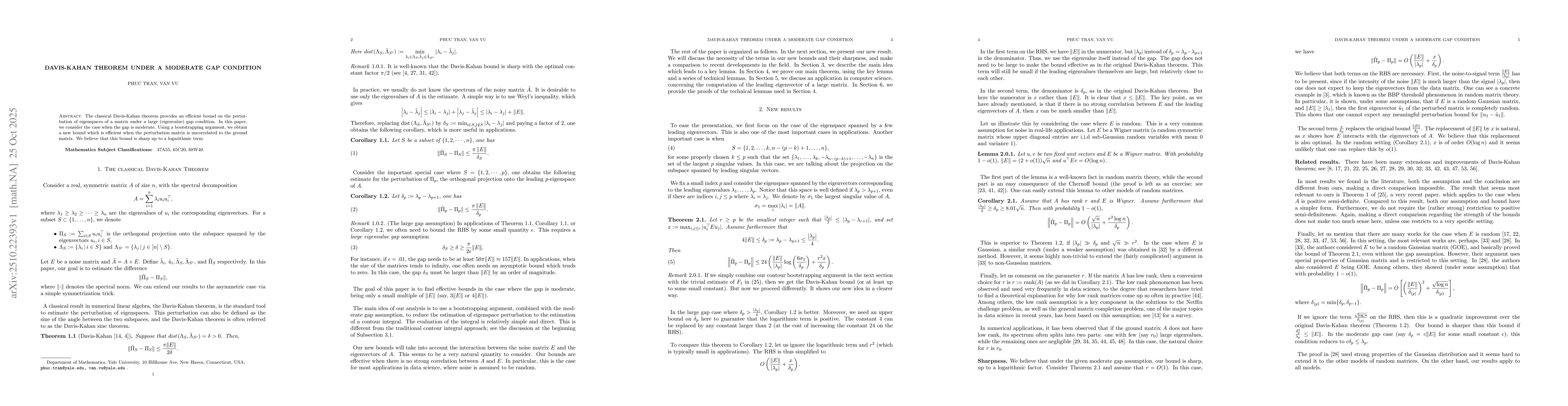 Thumbnail for Davis-Kahan Theorem under a moderate gap condition