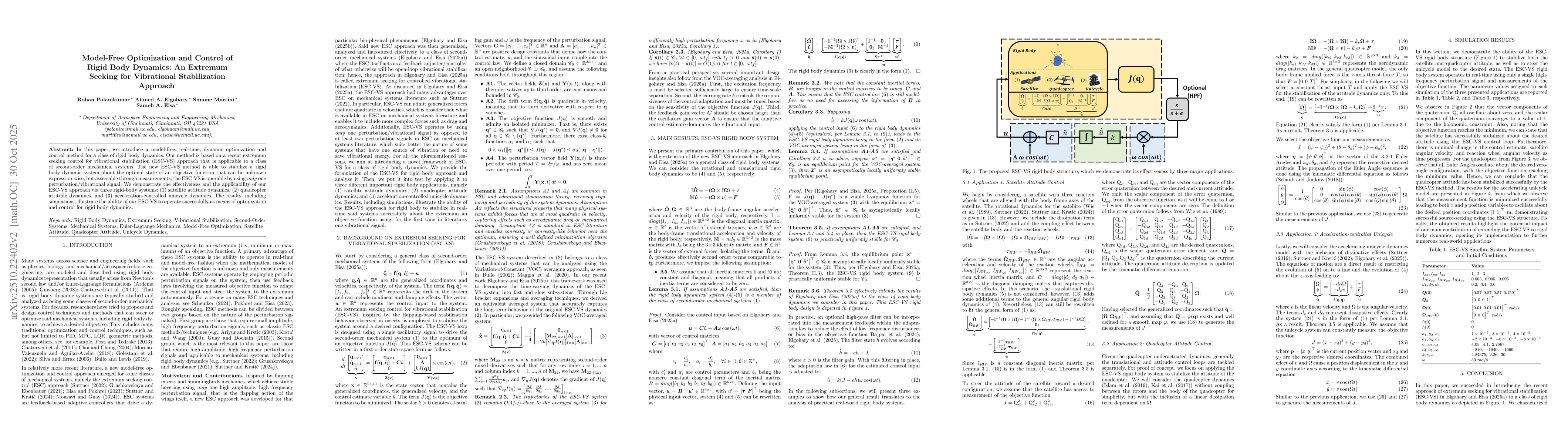 Thumbnail for Model-Free Optimization and Control of Rigid Body Dynamics: An Extremum
  Seeking for Vibrational Stabilization Approach