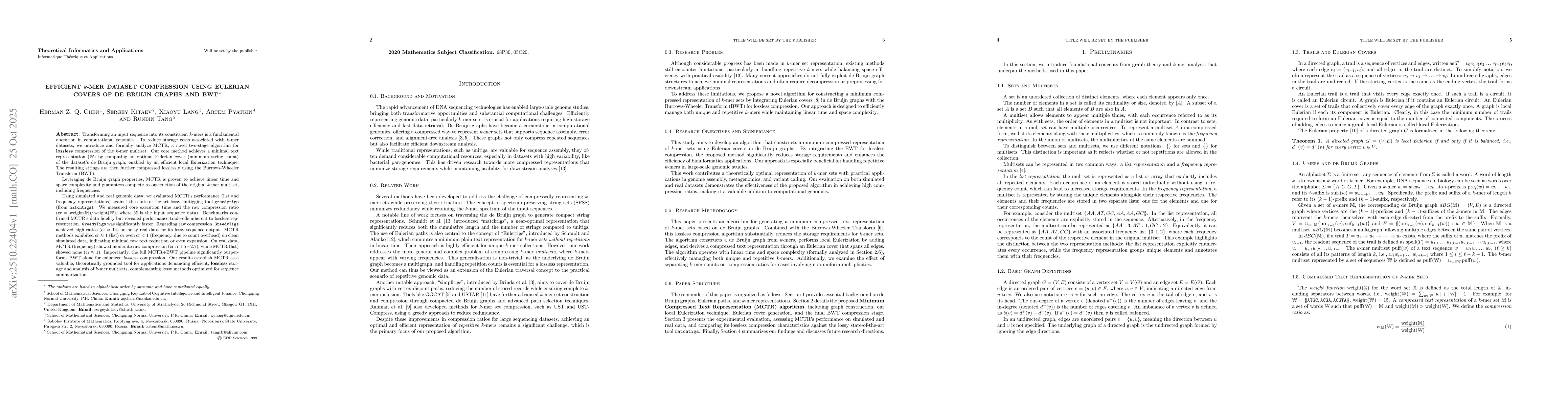Thumbnail for Efficient k-mer Dataset Compression Using Eulerian Covers of de Bruijn
  Graphs and BWT