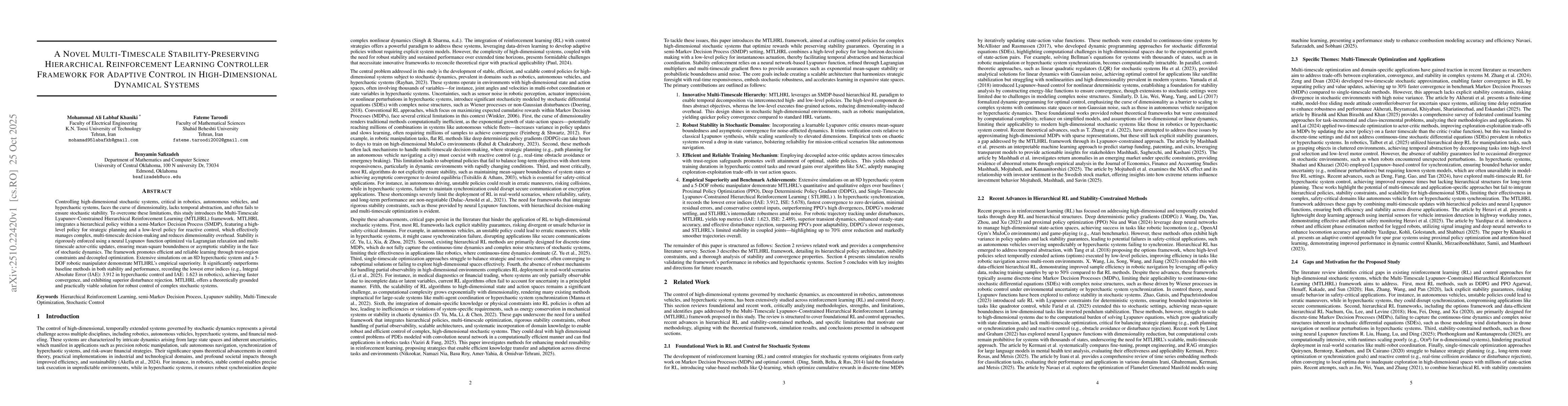 Thumbnail for A Novel Multi-Timescale Stability-Preserving Hierarchical Reinforcement
  Learning Controller Framework for Adaptive Control in High-Dimensional
  Dynamical Systems
