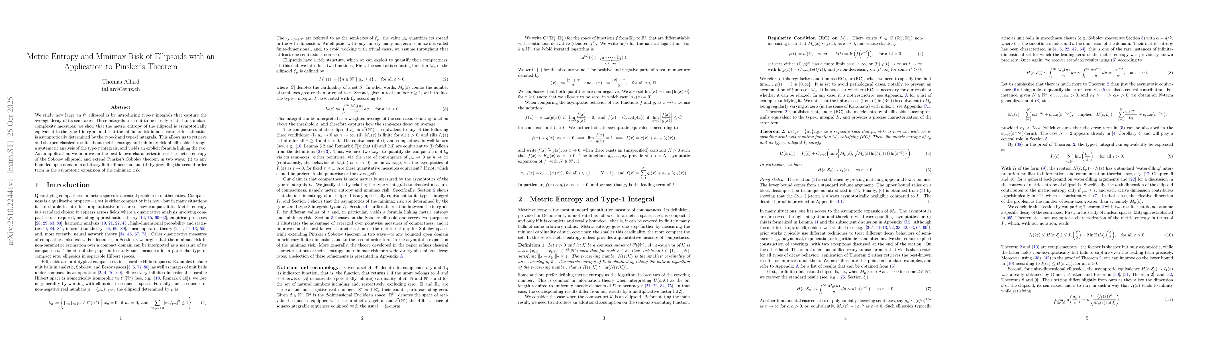 Thumbnail for Metric Entropy and Minimax Risk of Ellipsoids with an Application to
  Pinsker's Theorem