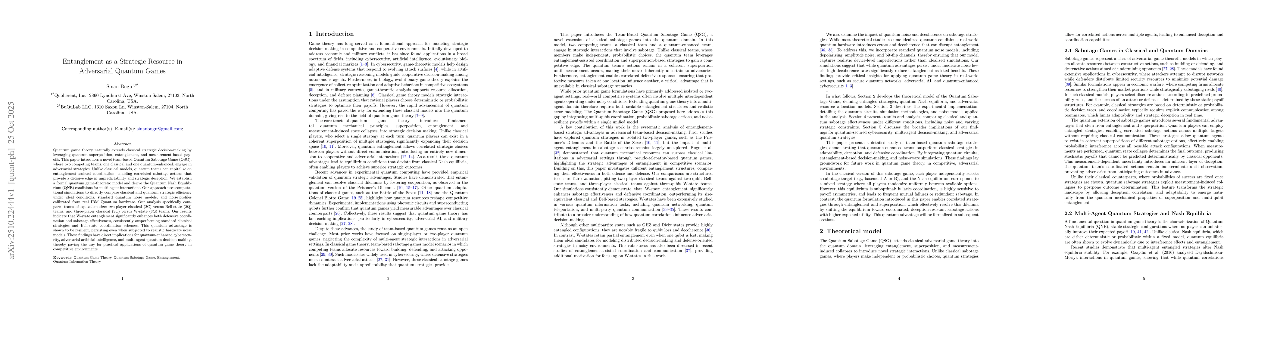 Thumbnail for Entanglement as a Strategic Resource in Adversarial Quantum Games