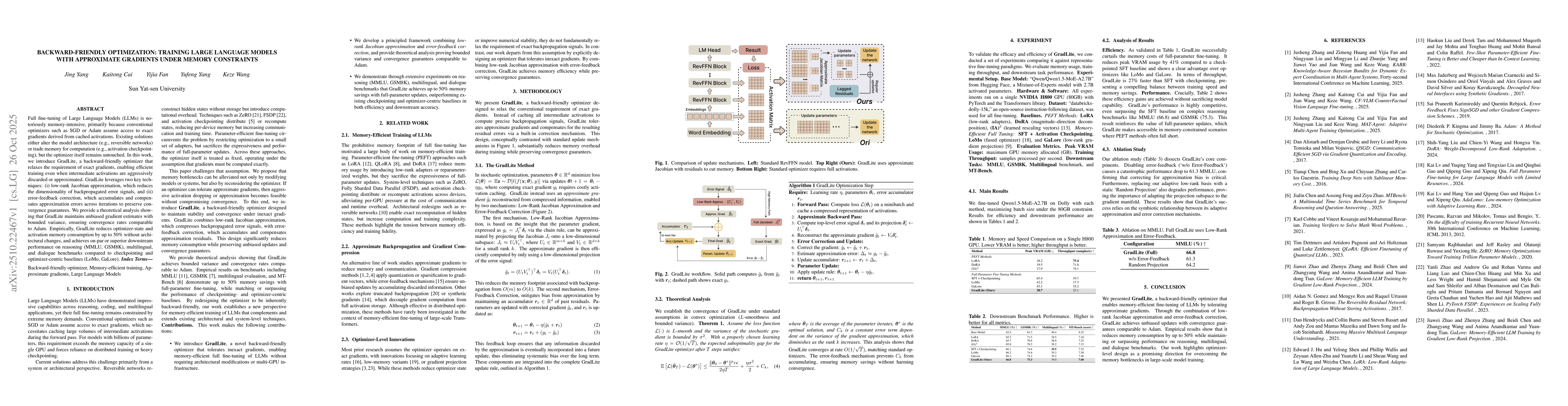 Thumbnail for Backward-Friendly Optimization: Training Large Language Models with
  Approximate Gradients under Memory Constraints