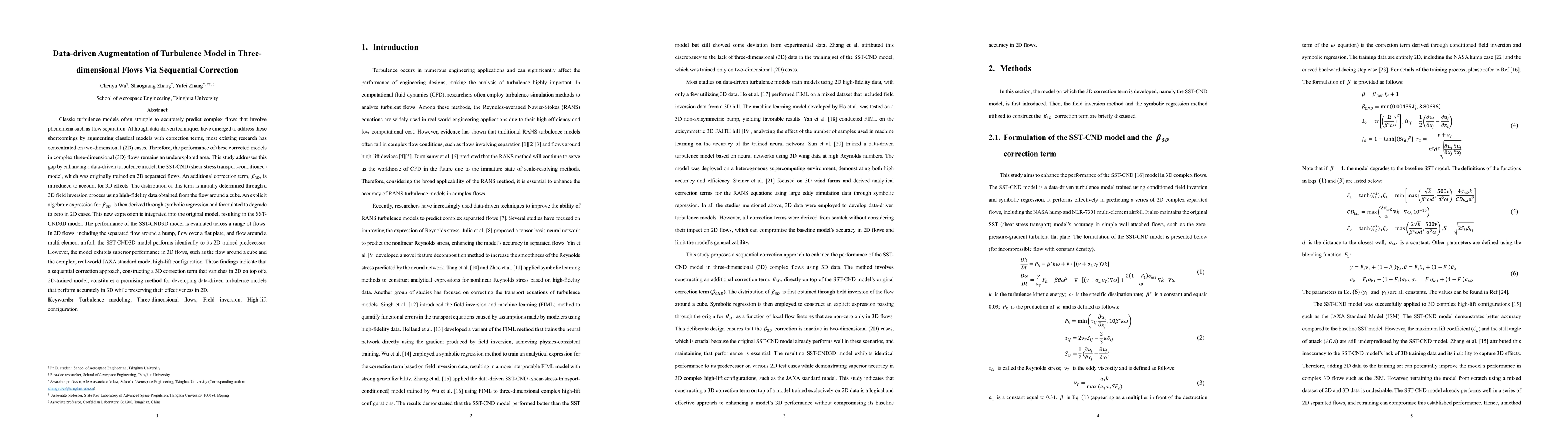 Thumbnail for Data-driven Augmentation of Turbulence Model in Three-dimensional Flows
  Via Sequential Correction