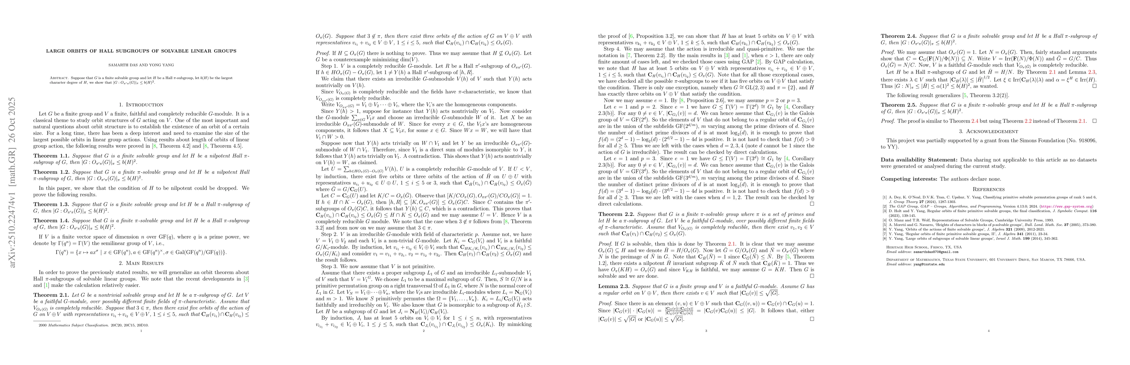 Thumbnail for Large orbits of Hall subgroups of solvable linear groups