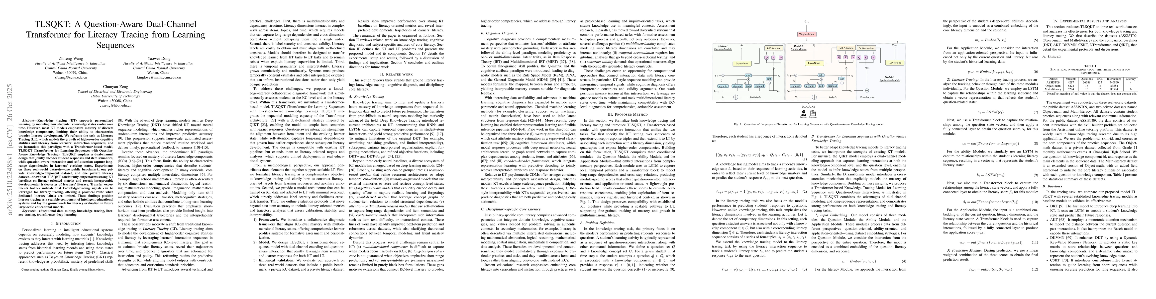 Thumbnail for TLSQKT: A Question-Aware Dual-Channel Transformer for Literacy Tracing
  from Learning Sequences