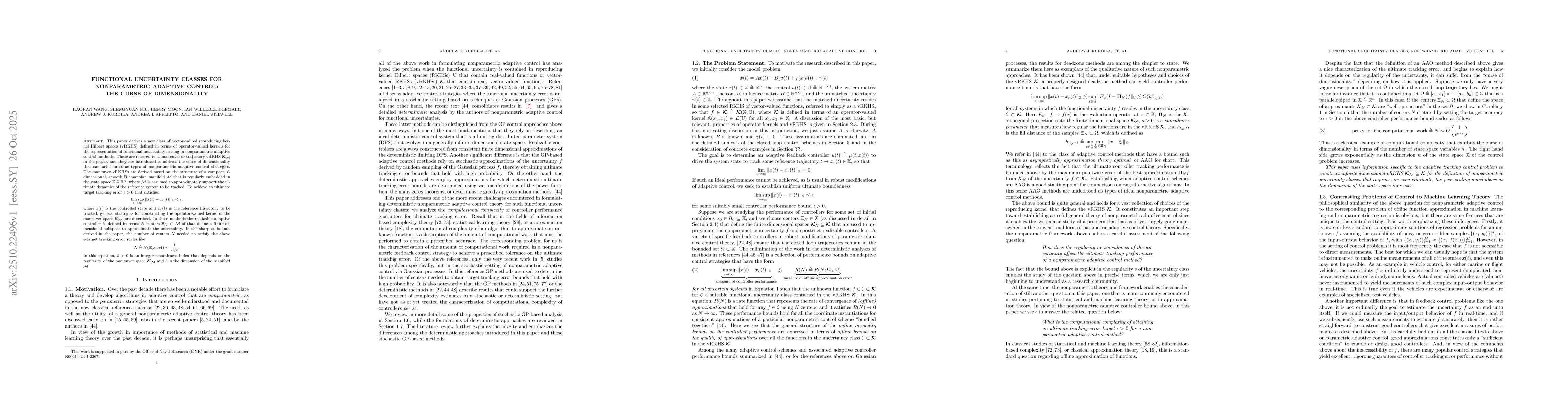 Thumbnail for Functional Uncertainty Classes, Nonparametric Adaptive Contro Functional
  Uncertainty Classes for Nonparametric Adaptive Control: the Curse of
  Dimensionality