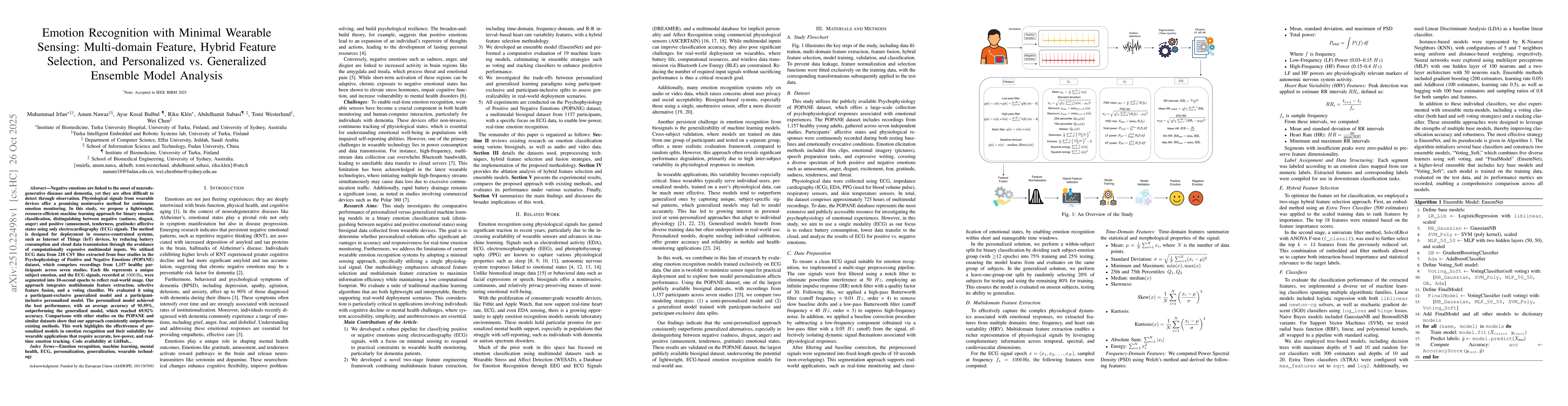 Thumbnail for Emotion Recognition with Minimal Wearable Sensing: Multi-domain Feature,
  Hybrid Feature Selection, and Personalized vs. Generalized Ensemble Model
  Analysis