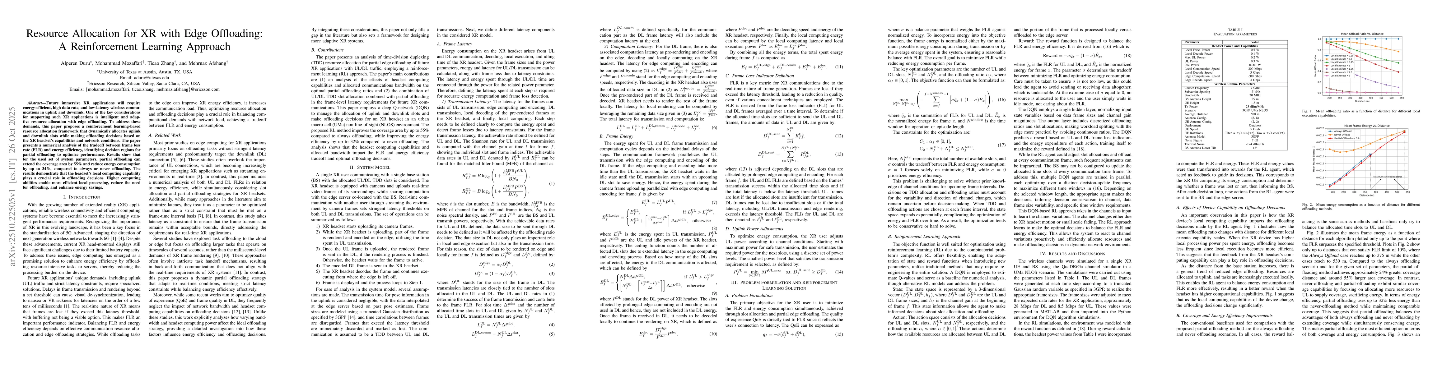 Thumbnail for Resource Allocation for XR with Edge Offloading: A Reinforcement
  Learning Approach