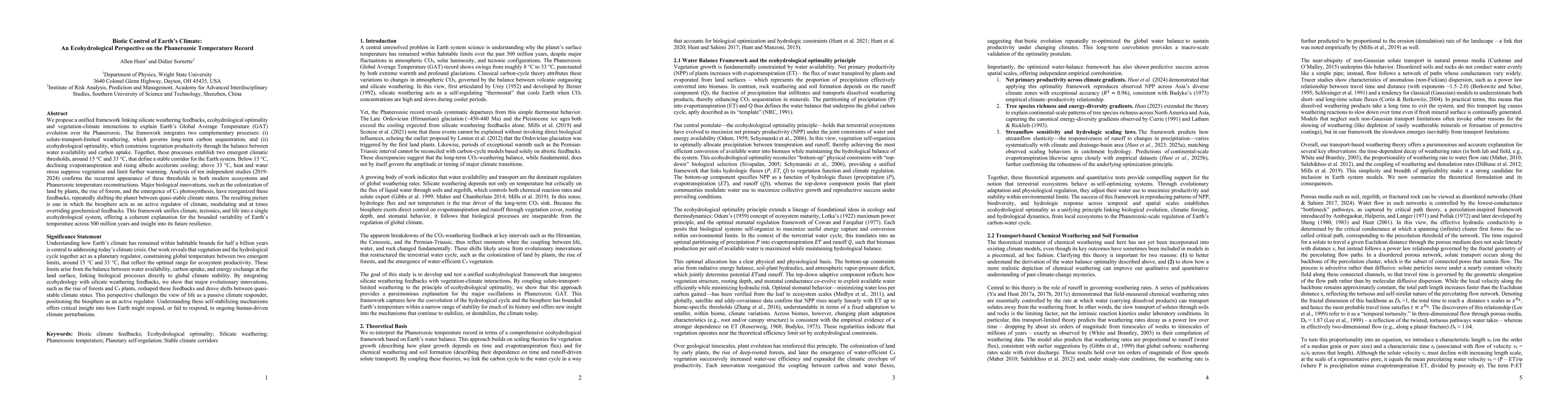Thumbnail for Biotic Control of Earth's Climate: An Ecohydrological Perspective on the
  Phanerozoic Temperature Record