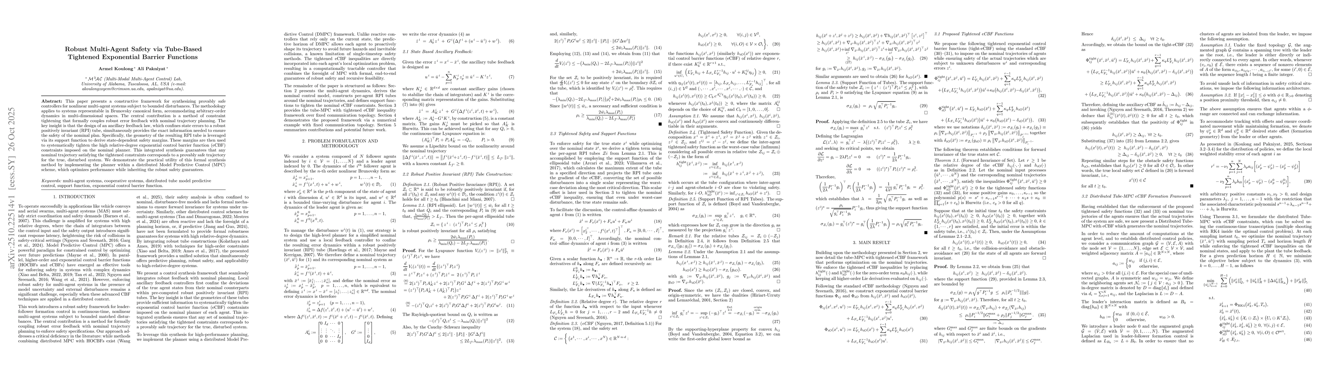 Thumbnail for Robust Multi-Agent Safety via Tube-Based Tightened Exponential Barrier
  Functions
