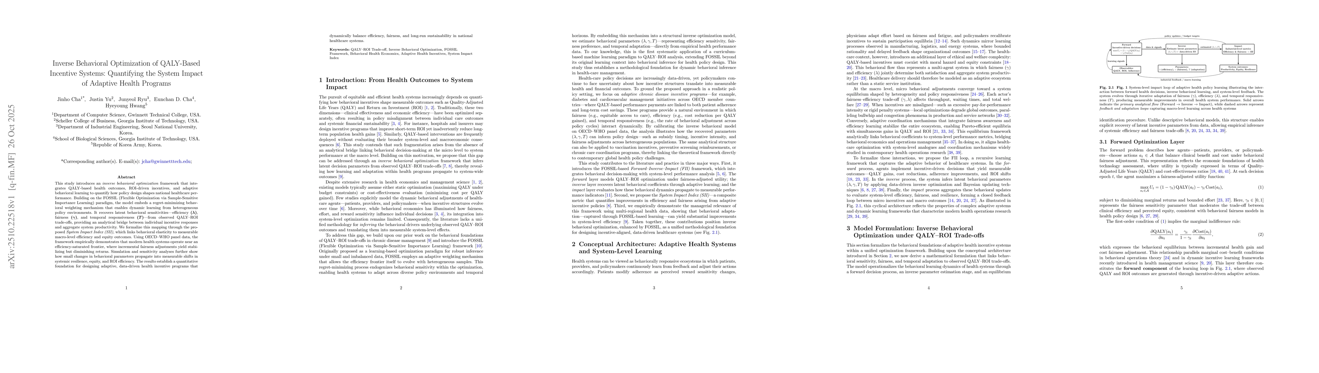 Thumbnail for Inverse Behavioral Optimization of QALY-Based Incentive Systems
  Quantifying the System Impact of Adaptive Health Programs