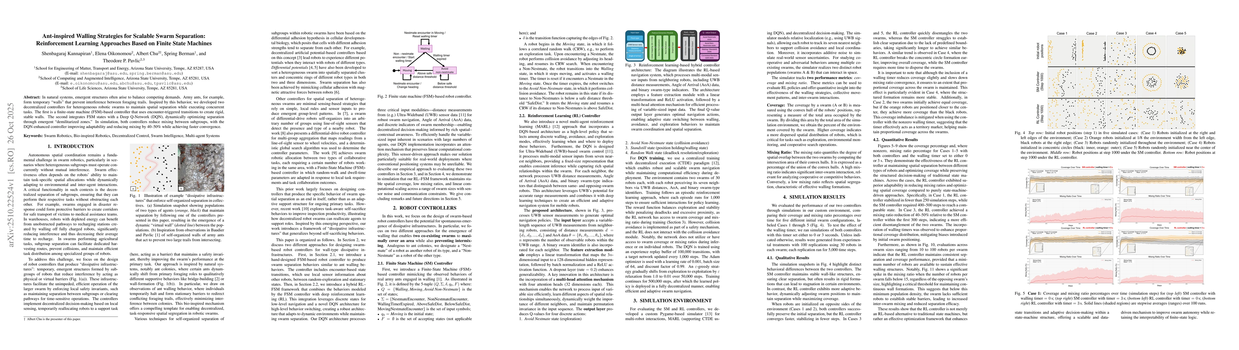 Thumbnail for Ant-inspired Walling Strategies for Scalable Swarm Separation:
  Reinforcement Learning Approaches Based on Finite State Machines
