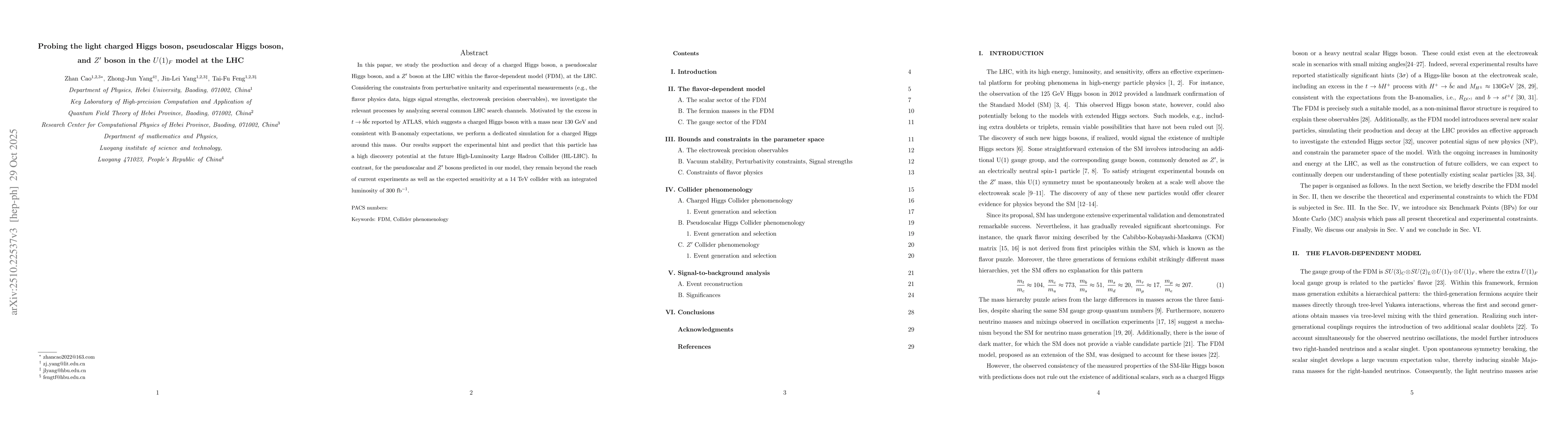 Thumbnail for Probing the light charged Higgs boson, pseudoscalar Higgs boson, and
  $Z^\prime$ boson in the $U(1)_F$ model at the LHC