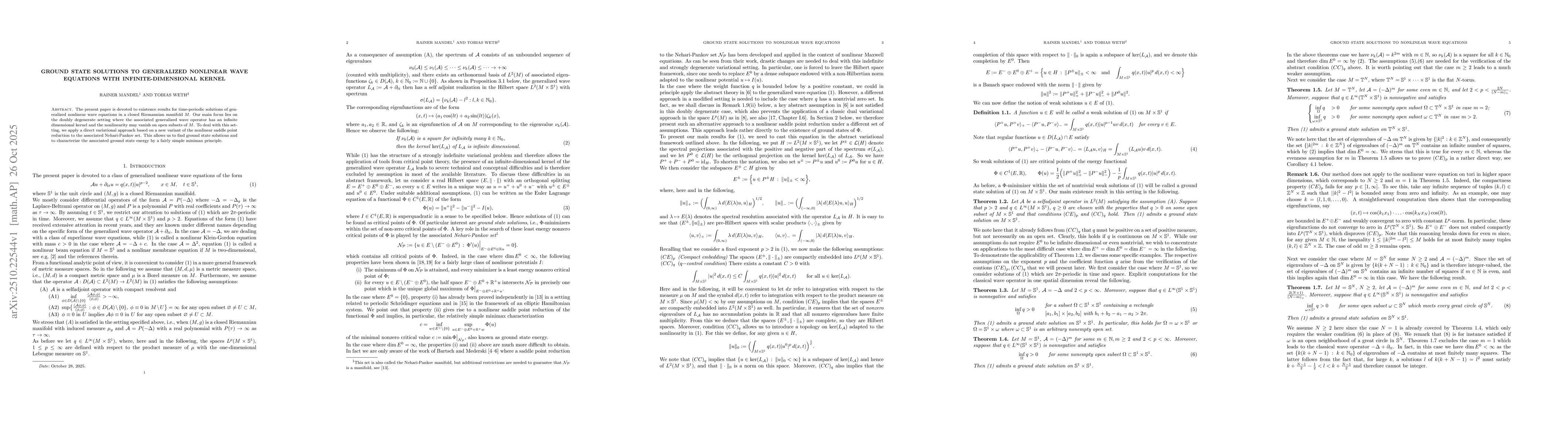 Thumbnail for Ground state solutions to generalized nonlinear wave equations with
  infinite-dimensional kernel