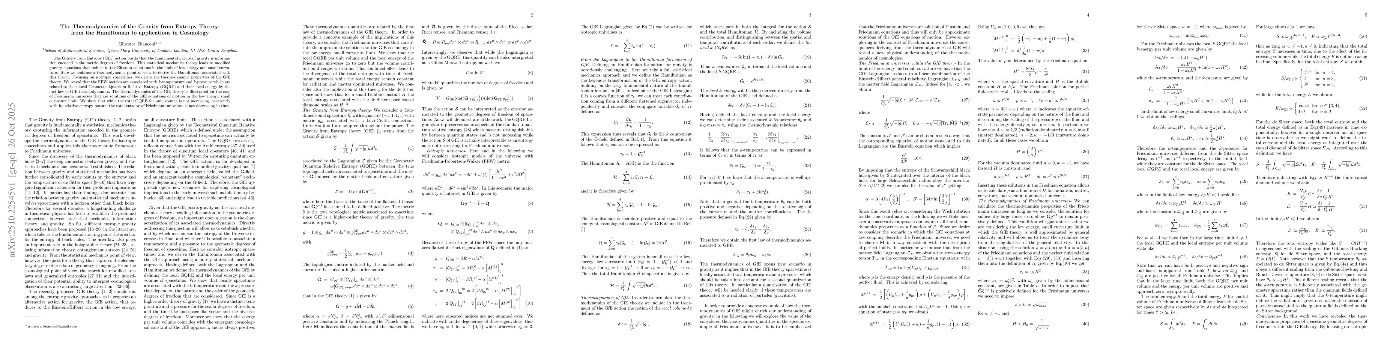 Thumbnail for The Thermodynamics of the Gravity from Entropy Theory: from the
  Hamiltonian to applications in Cosmology