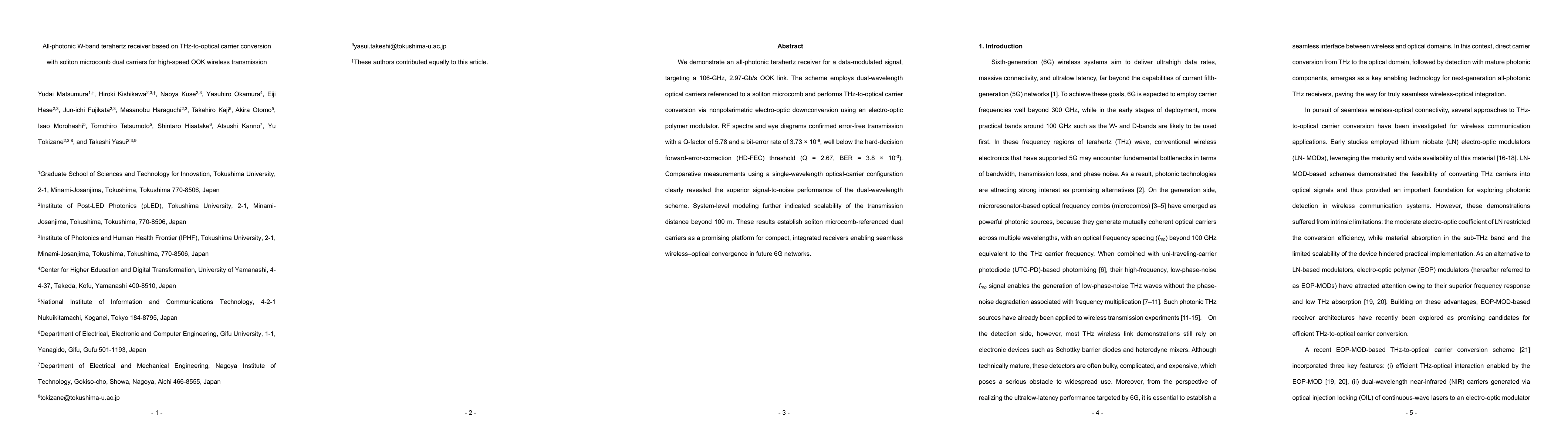 Thumbnail for All-photonic W-band terahertz receiver based on THz-to-optical carrier
  conversion with soliton microcomb dual carriers for high-speed OOK wireless
  transmission