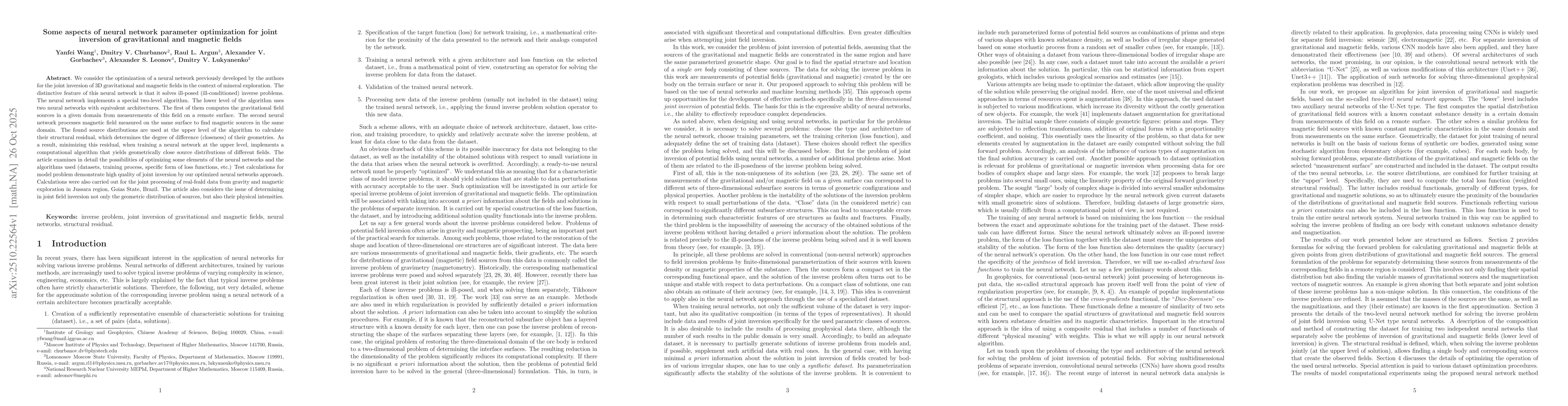 Thumbnail for Some aspects of neural network parameter optimization for joint
  inversion of gravitational and magnetic fields
