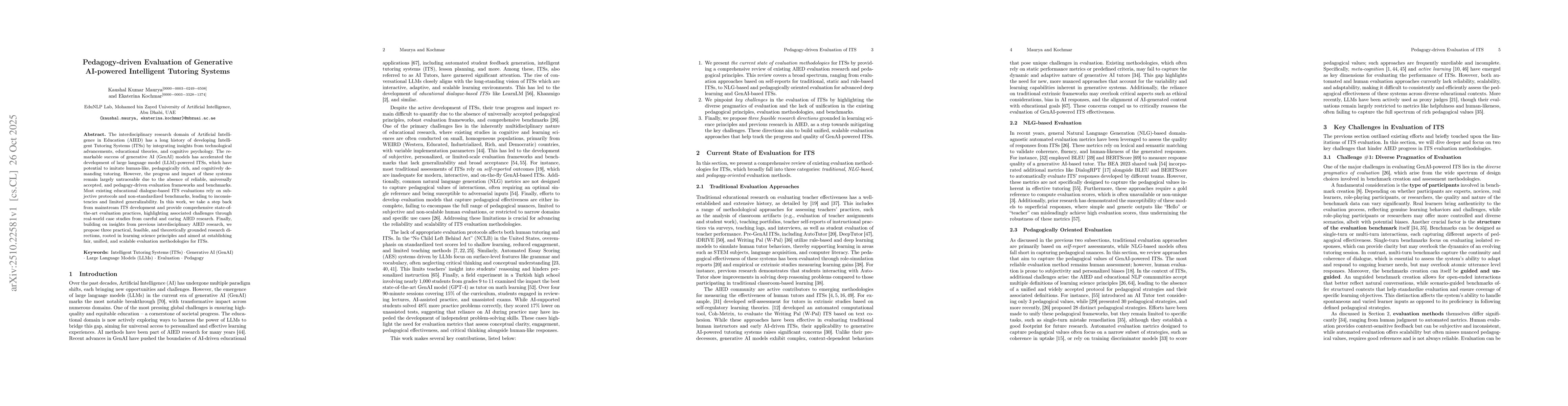 Thumbnail for Pedagogy-driven Evaluation of Generative AI-powered Intelligent Tutoring
  Systems