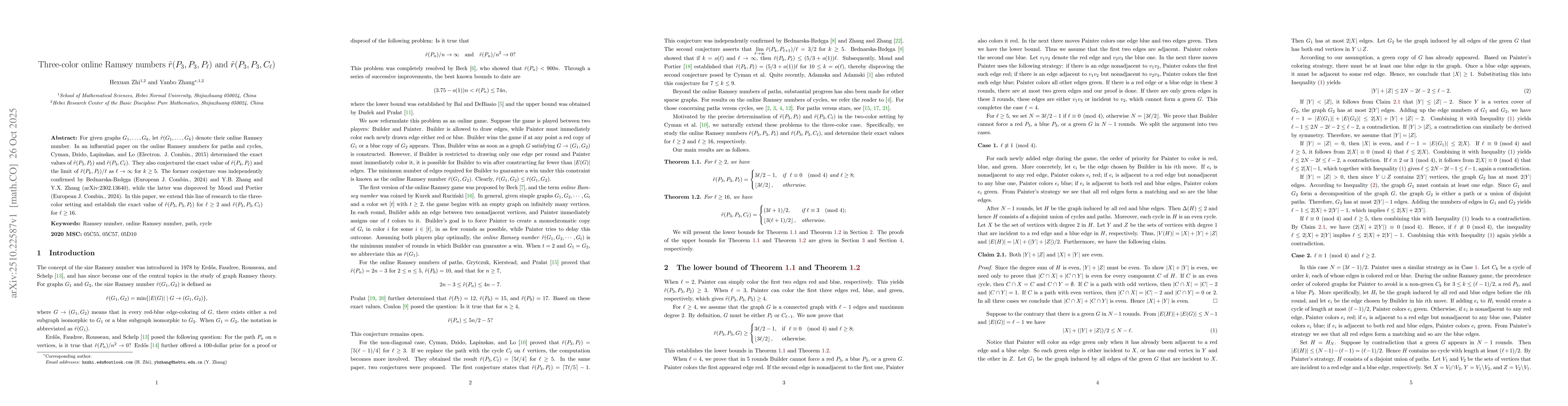 Thumbnail for Three-color online Ramsey numbers $\tilde{r}(P_3,P_3,P_{\ell})$ and
  $\tilde{r}(P_3, P_3, C_{\ell})$