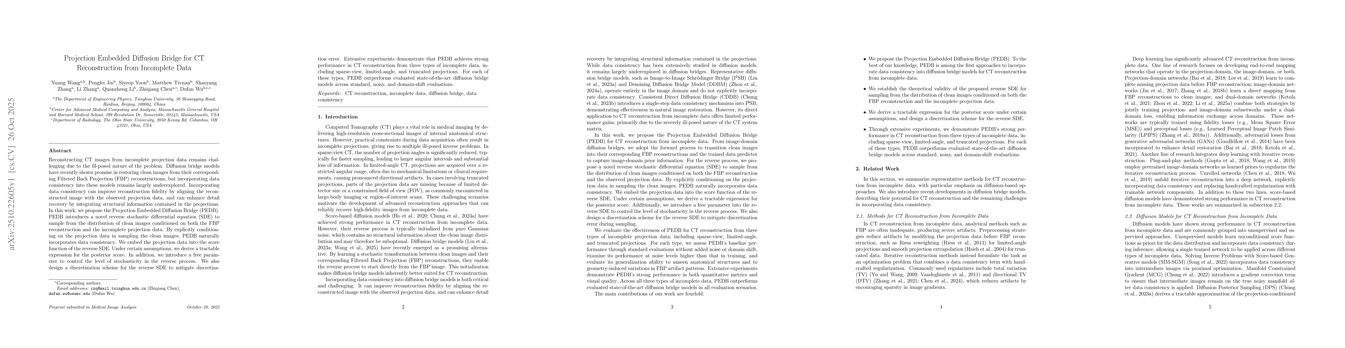 Thumbnail for Projection Embedded Diffusion Bridge for CT Reconstruction from
  Incomplete Data