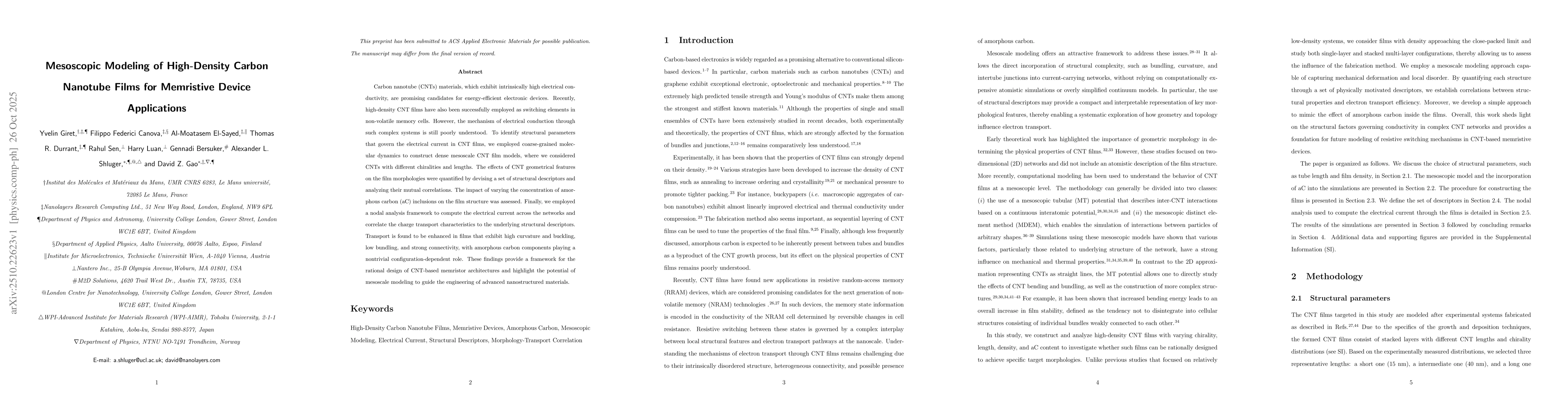 Thumbnail for Mesoscopic Modeling of High-Density Carbon Nanotube Films for Memristive
  Device Applications