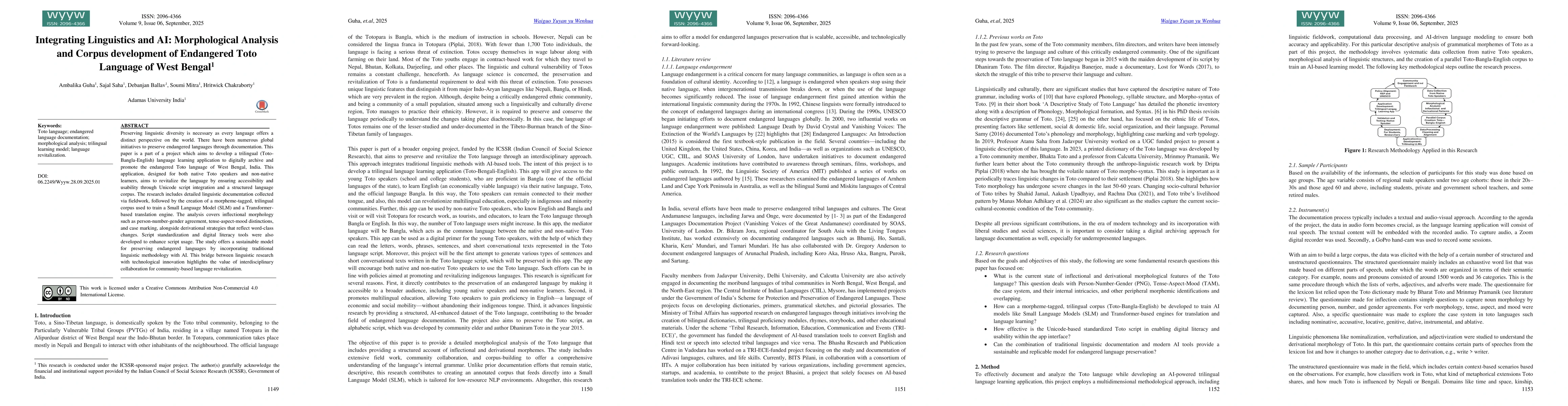 Thumbnail for Integrating Linguistics and AI: Morphological Analysis and Corpus
  development of Endangered Toto Language of West Bengal