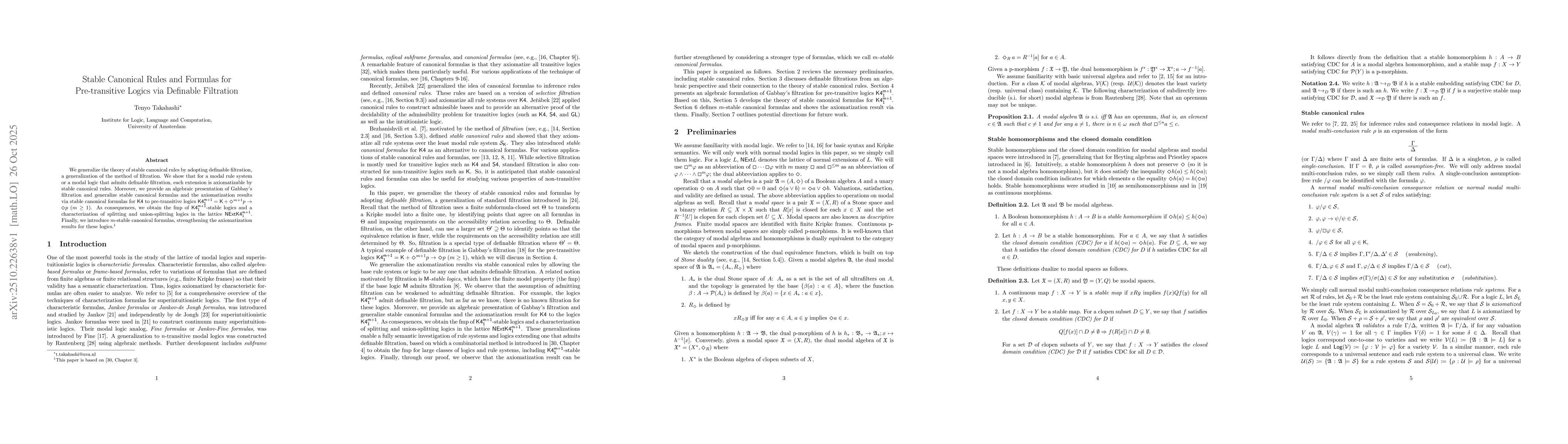 Thumbnail for Stable Canonical Rules and Formulas for Pre-transitive Logics via
  Definable Filtration