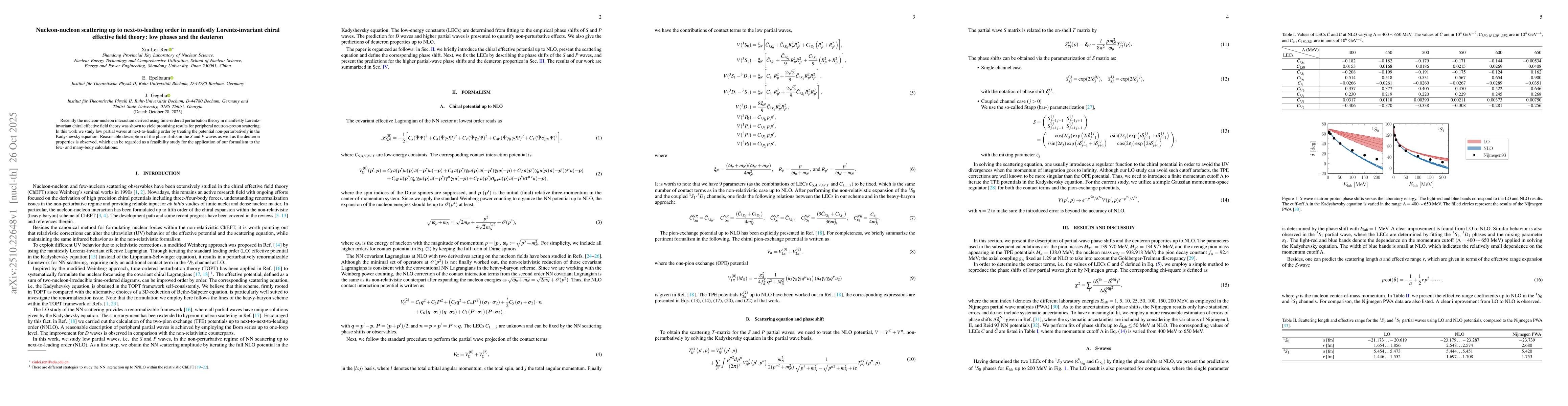 Thumbnail for Nucleon-nucleon scattering up to next-to-leading order in manifestly
  Lorentz-invariant chiral effective field theory: low phases and the deuteron