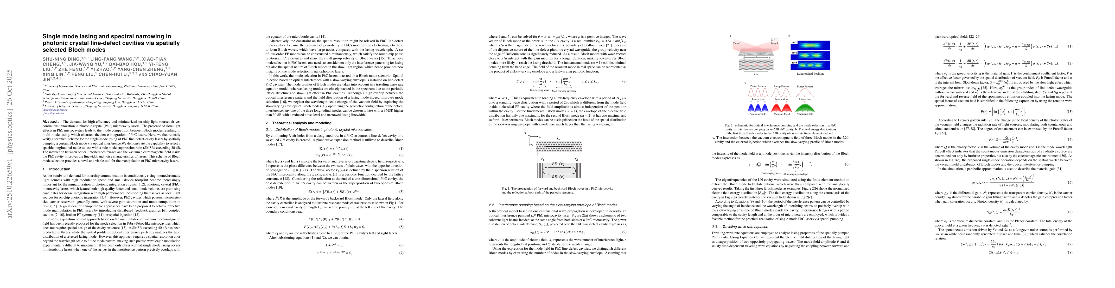 Thumbnail for Single mode lasing and spectral narrowing in photonic crystal
  line-defect cavities via spatially selected Bloch modes