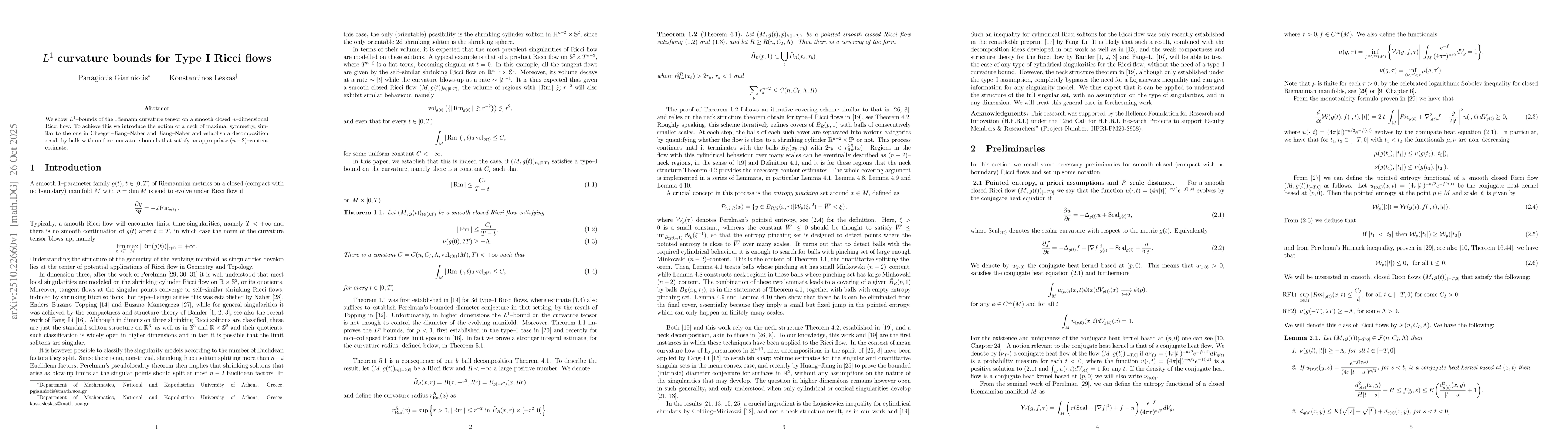 Thumbnail for $L^1$ curvature bounds for Type I Ricci flows