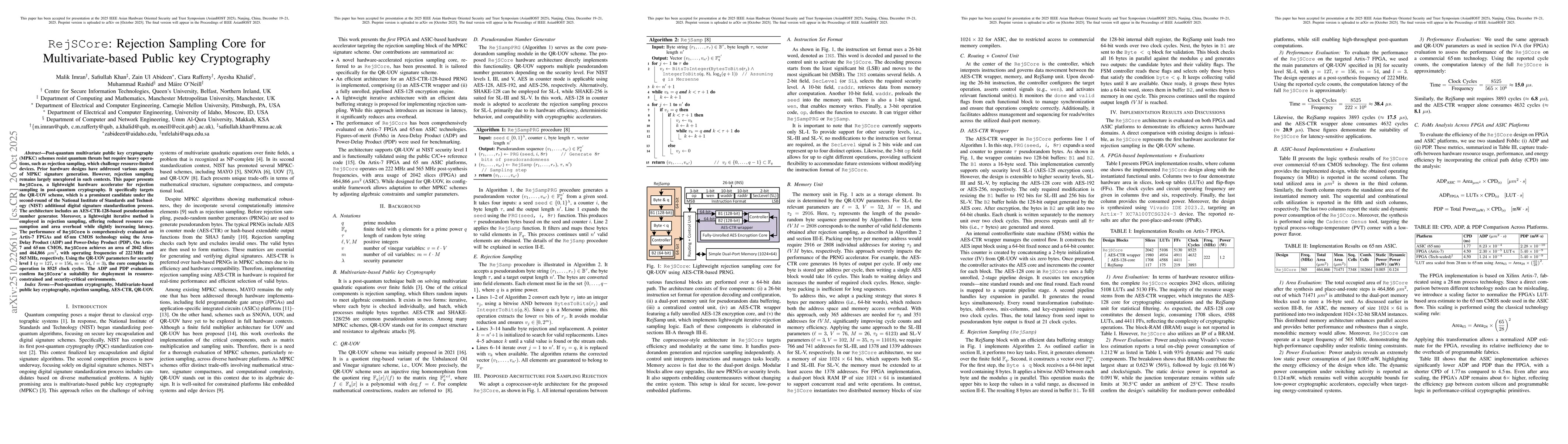 Thumbnail for RejSCore: Rejection Sampling Core for Multivariate-based Public key
  Cryptography
