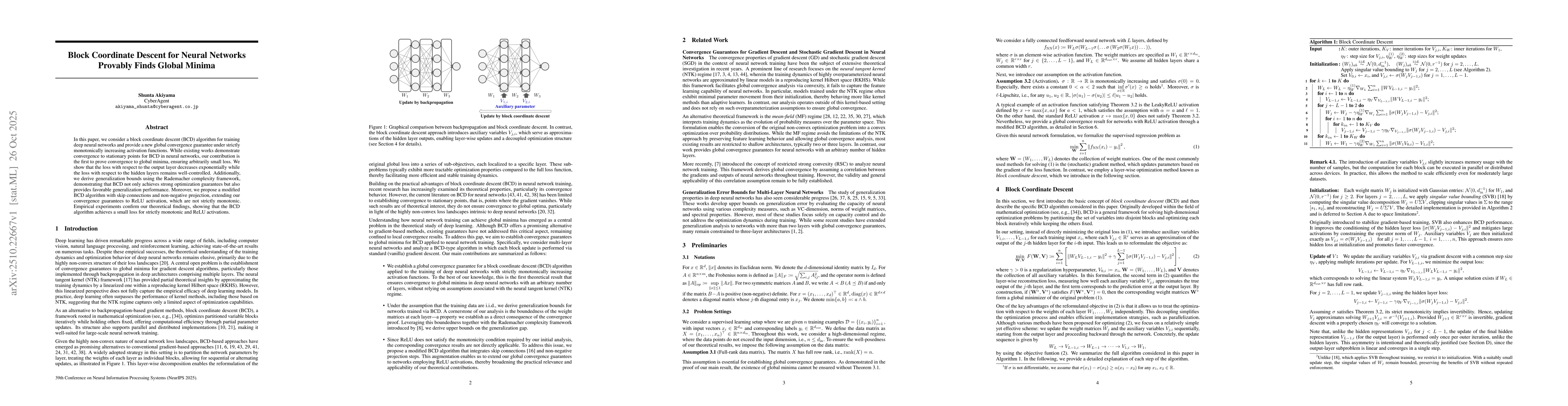 Thumbnail for Block Coordinate Descent for Neural Networks Provably Finds Global
  Minima