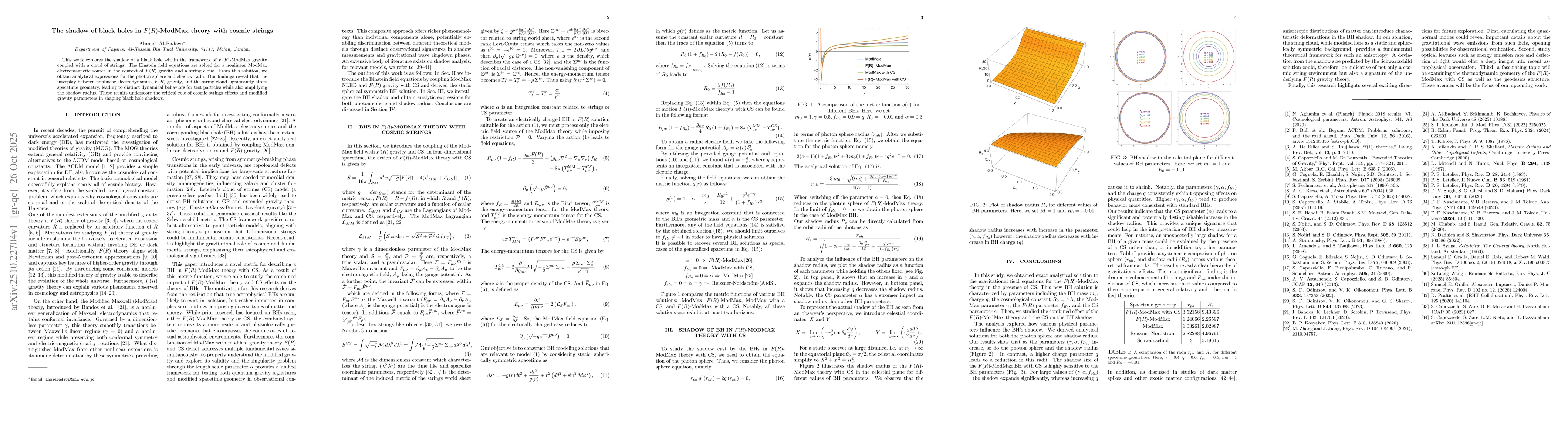 Thumbnail for The shadow of black holes in $F(R)$-ModMax theory with cosmic strings