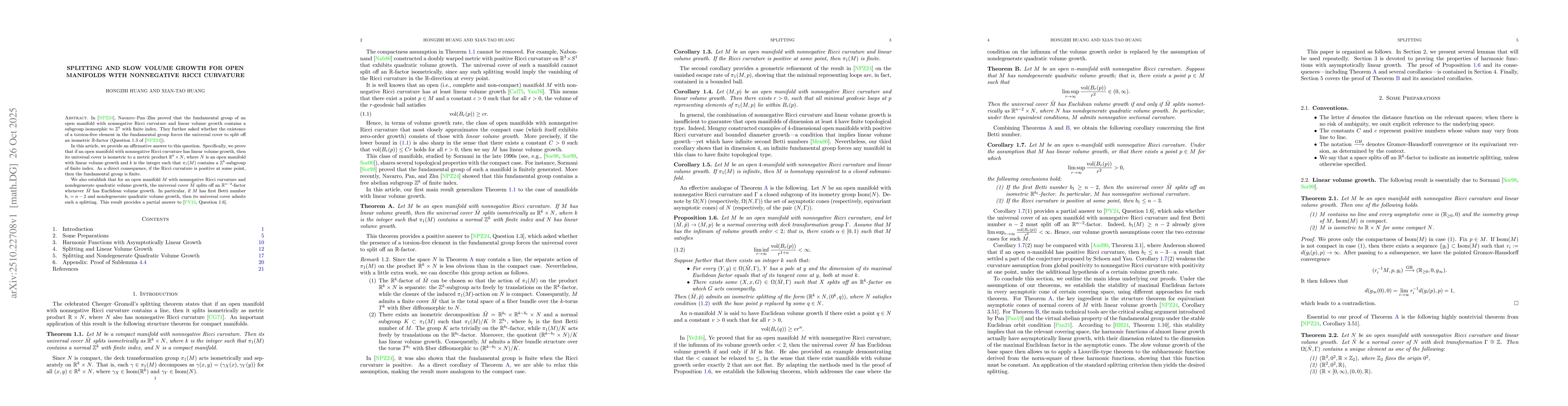 Thumbnail for Splitting and Slow Volume Growth for Open Manifolds with Nonnegative
  Ricci Curvature