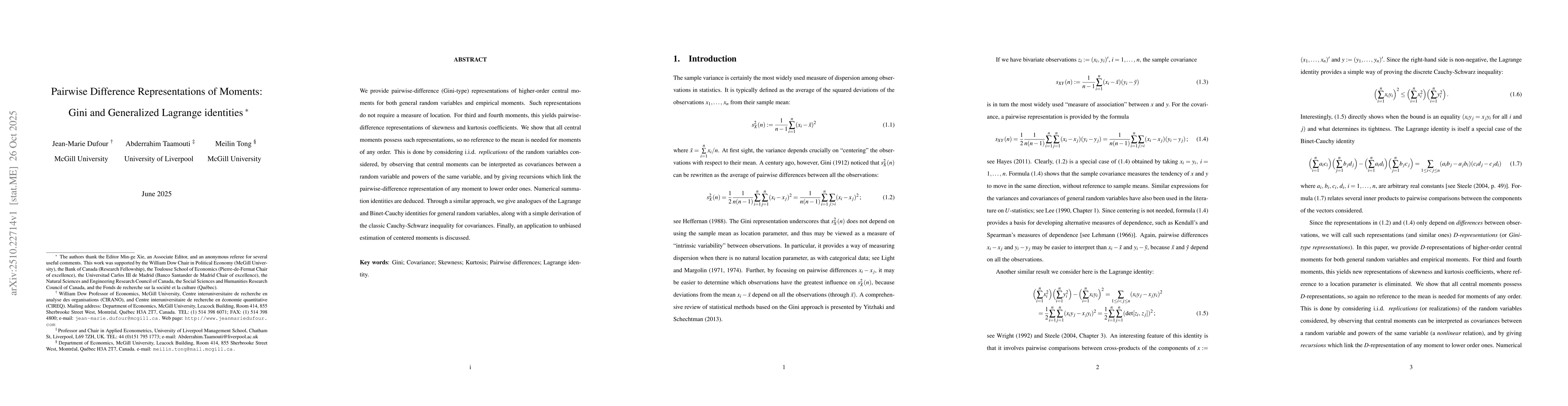 Thumbnail for Pairwise Difference Representations of Moments: Gini and Generalized
  Lagrange identities