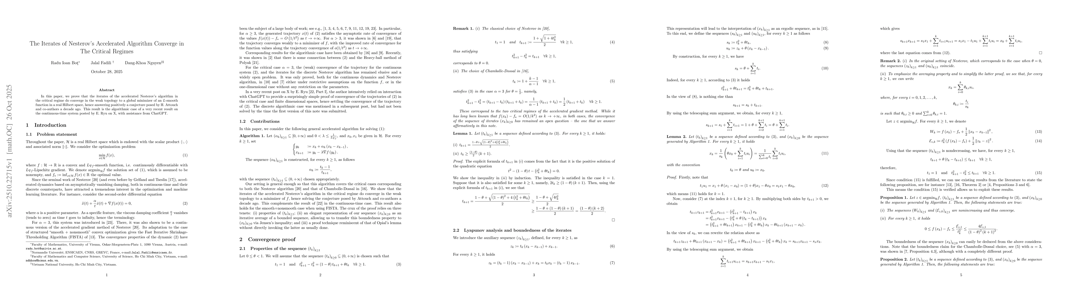 Thumbnail for The Iterates of Nesterov's Accelerated Algorithm Converge in The
  Critical Regimes