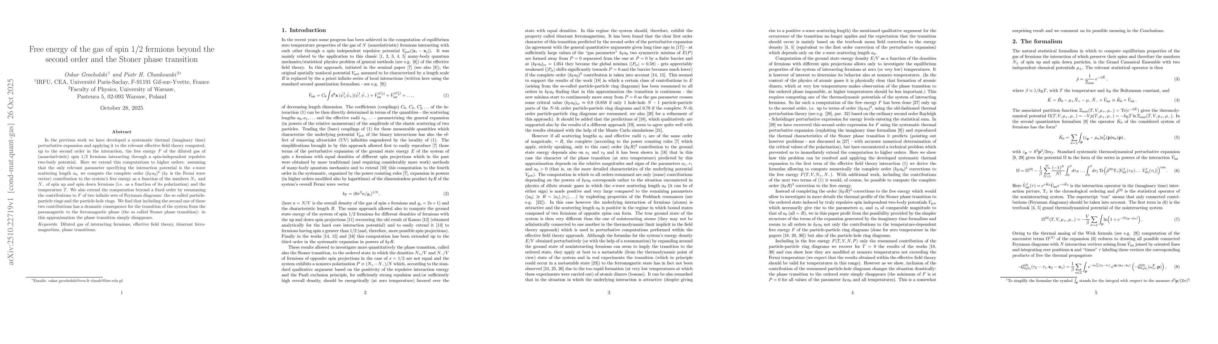 Thumbnail for Free energy of the gas of spin 1/2 fermions beyond the second order and
  the Stoner phase transition