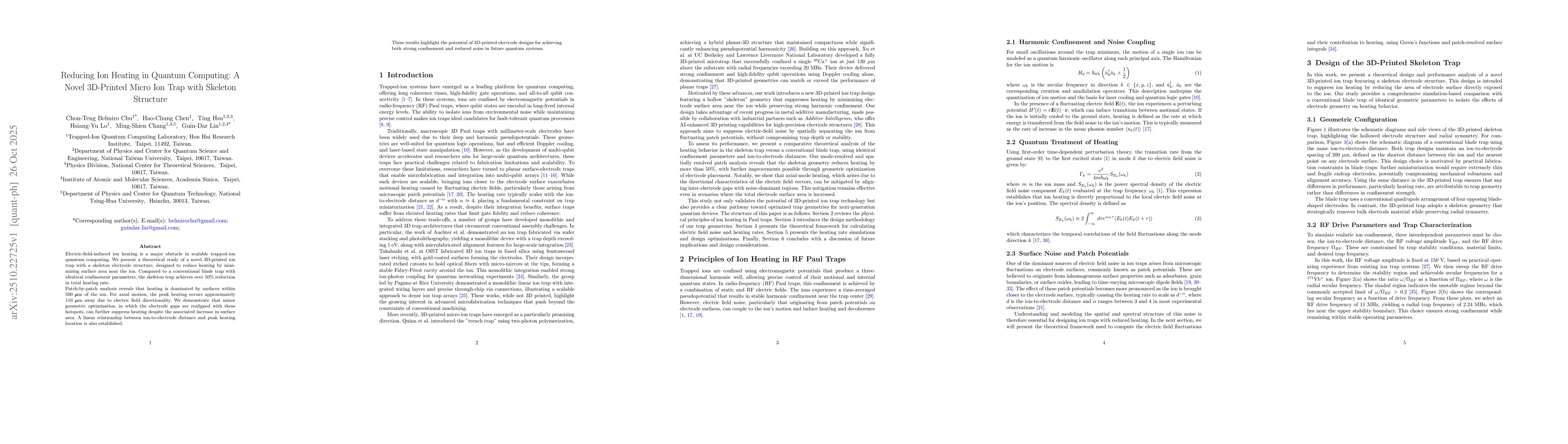 Thumbnail for Reducing Ion Heating in Quantum Computing: A Novel 3D-Printed Micro Ion
  Trap with Skeleton Structure